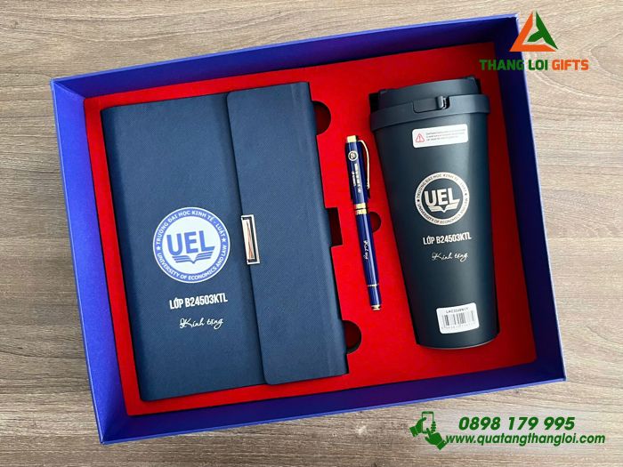 Giftset Bộ Quà Tặng (Sổ+ Ly Lock&Lock+ Bút) Màu Xanh - In Khắc Logo Trường Đại Học Kinh Tế-Luật UEL
