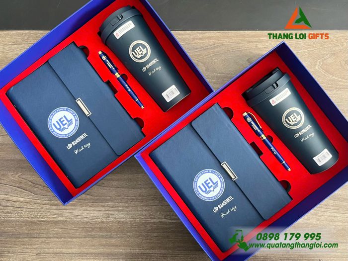 Giftset Bộ Quà Tặng (Sổ+ Ly Lock&Lock+ Bút) Màu Xanh - In Khắc Logo Trường Đại Học Kinh Tế-Luật UEL