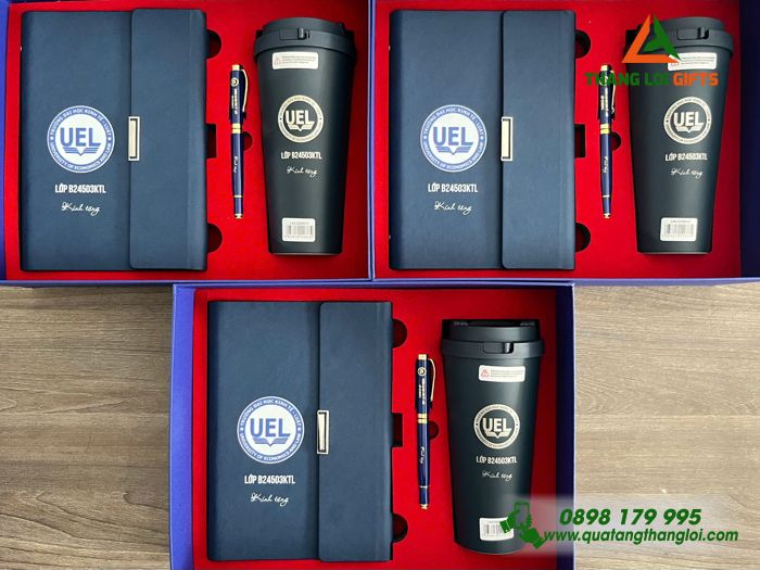 Giftset Bộ Quà Tặng (Sổ+ Ly Lock&Lock+ Bút) Màu Xanh - In Khắc Logo Trường Đại Học Kinh Tế-Luật UEL