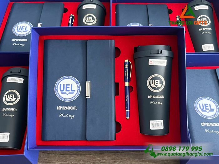 Giftset Bộ Quà Tặng (Sổ+ Ly Lock&Lock+ Bút) Màu Xanh - In Khắc Logo Trường Đại Học Kinh Tế-Luật UEL