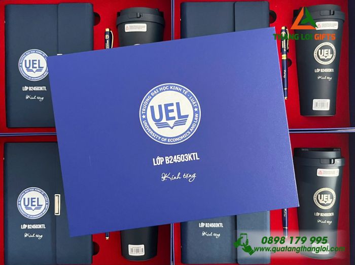 Giftset Bộ Quà Tặng (Sổ+ Ly Lock&Lock+ Bút) Màu Xanh - In Khắc Logo Trường Đại Học Kinh Tế-Luật UEL