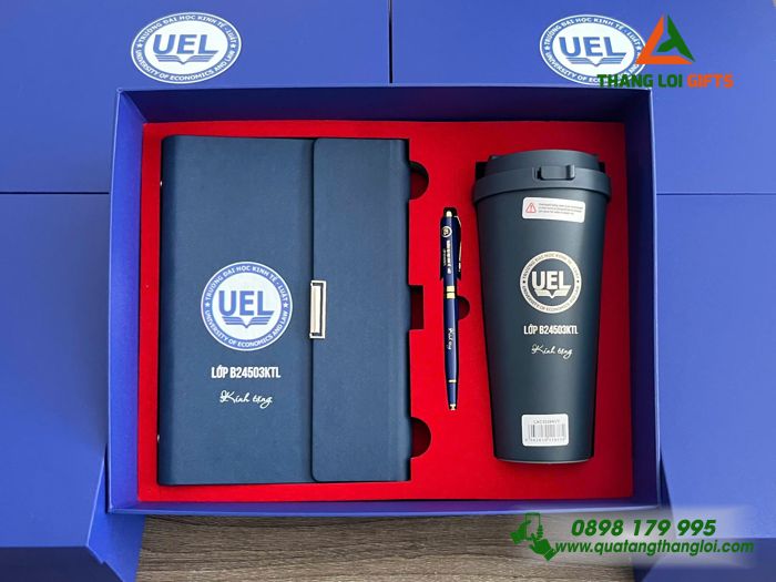Giftset Bộ Quà Tặng (Sổ+ Ly Lock&Lock+ Bút) Màu Xanh - In Khắc Logo Trường Đại Học Kinh Tế-Luật UEL