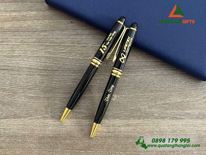 Bút Ký Kim Loại Xoay Màu Đen Khoen Vàng - Khắc Logo Doanh Nghiệp LIFETEX