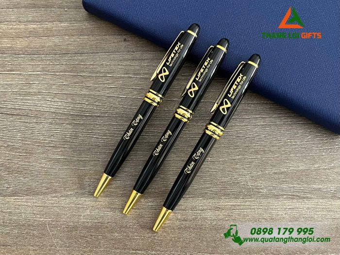 Bút Ký Kim Loại Xoay Màu Đen Khoen Vàng - Khắc Logo Doanh Nghiệp LIFETEX
