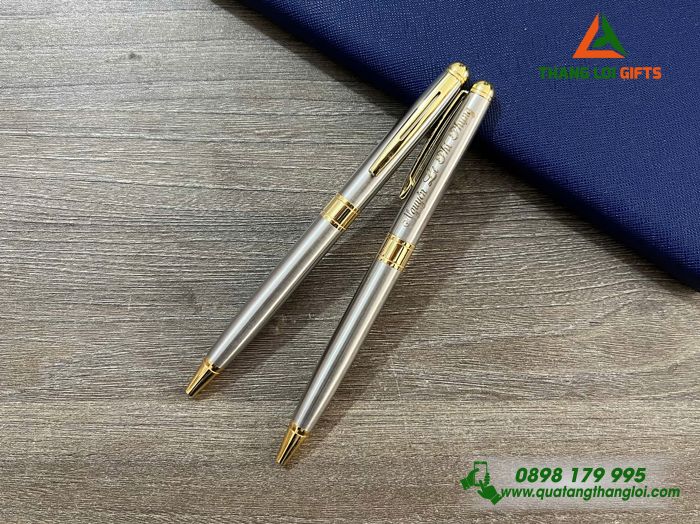 Bút Ký Kim Loại Xoay Màu Inox Khoen Vàng - Khắc Tên Làm Quà Tặng