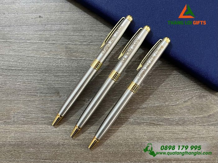 Bút Ký Kim Loại Xoay Màu Inox Khoen Vàng - Khắc Tên Làm Quà Tặng