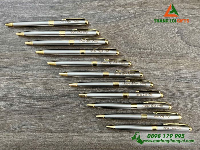 Bút Ký Kim Loại Xoay Màu Inox Khoen Vàng - Khắc Tên Làm Quà Tặng