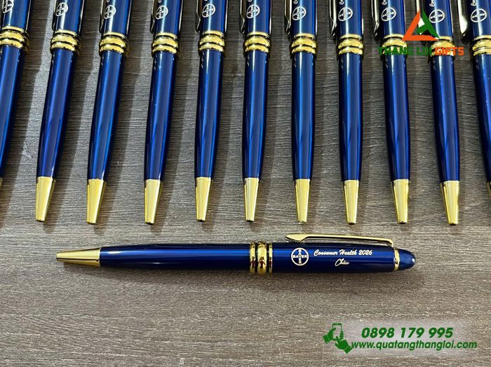 Bút Ký Kim Loại Xoay Màu Xanh Khoen Vàng - Khắc Logo Doanh Nghiệp BAYER
