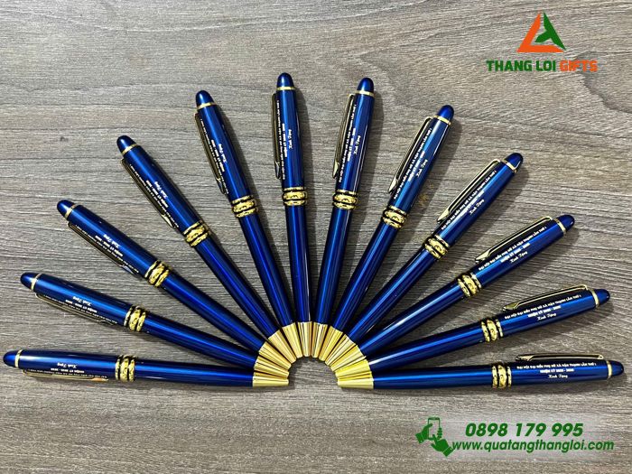 Bút Ký Kim Loại Xoay Màu Xanh Khoen Vàng - Khắc Tên Đại Hội Đại Biểu Phụ Nữ Làm Quà 20/10