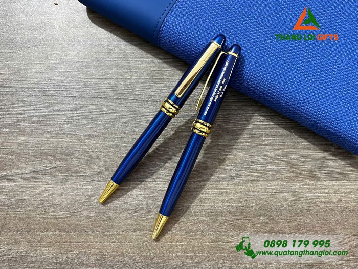 Bút Ký Kim Loại Xoay Màu Xanh Khoen Vàng - Khắc Tên Đại Hội Đại Biểu Phụ Nữ Làm Quà 20/10