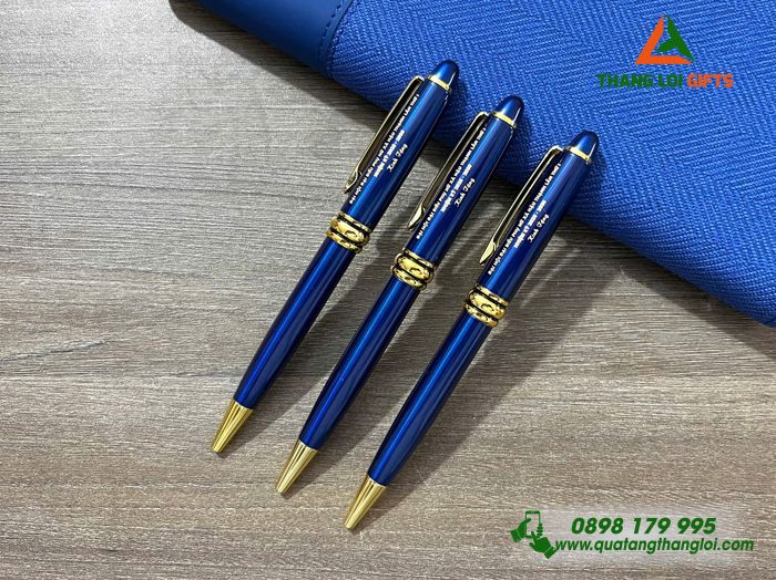 Bút Ký Kim Loại Xoay Màu Xanh Khoen Vàng - Khắc Tên Đại Hội Đại Biểu Phụ Nữ Làm Quà 20/10
