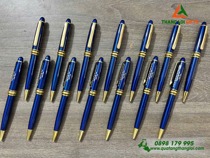 Bút Ký Kim Loại Xoay Màu Xanh Khoen Vàng - Khắc Tên Đại Hội Đại Biểu Phụ Nữ Làm Quà 20/10