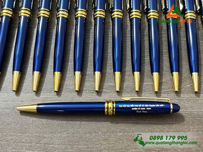 Bút Ký Kim Loại Xoay Màu Xanh Khoen Vàng - Khắc Tên Đại Hội Đại Biểu Phụ Nữ Làm Quà 20/10