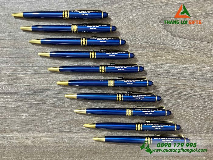 Bút Ký Kim Loại Xoay Màu Xanh Khoen Vàng - Khắc Tên Đại Hội Đại Biểu Phụ Nữ Làm Quà 20/10