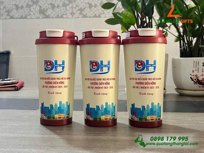 Ly Giữ Nhiệt 530ml Màu Đỏ - In Logo Đại Hội Đoàn TNCS Hồ Chí Minh Phường Diên Hồng