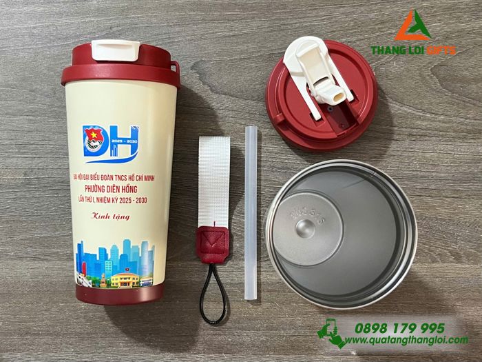 Ly Giữ Nhiệt 530ml Màu Đỏ - In Logo Đại Hội Đoàn TNCS Hồ Chí Minh Phường Diên Hồng