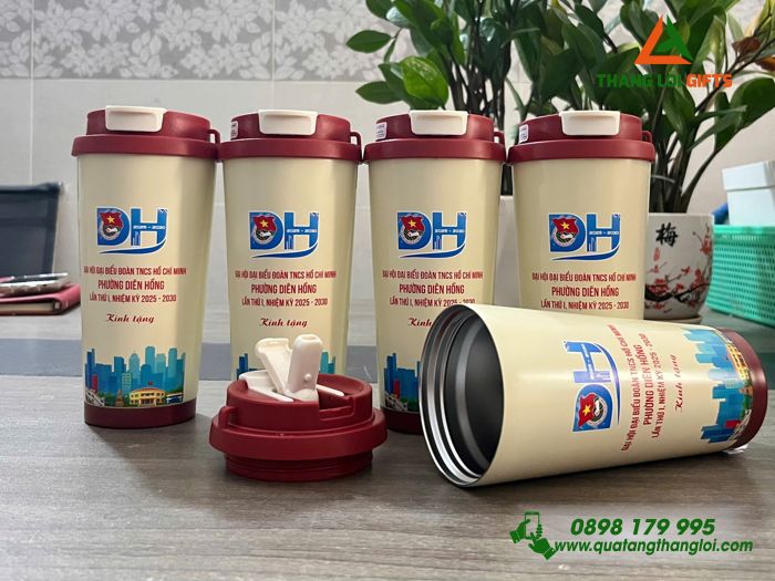 Ly Giữ Nhiệt 530ml Màu Đỏ - In Logo Đại Hội Đoàn TNCS Hồ Chí Minh Phường Diên Hồng