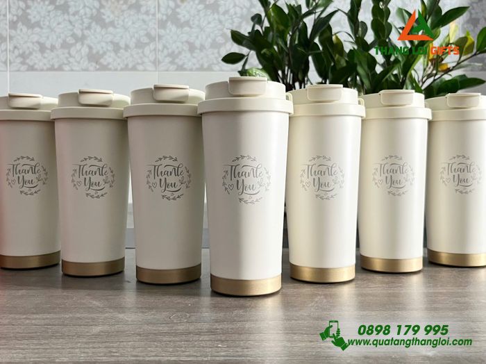 Ly Giữ Nhiệt 530ml Màu Trắng Kem - Khắc Logo Tri Ân Và Cảm Ơn Khách Hàng