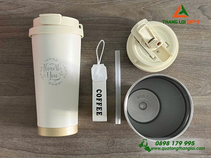 Ly Giữ Nhiệt 530ml Màu Trắng Kem - Khắc Logo Tri Ân Và Cảm Ơn Khách Hàng