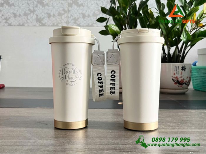 Ly Giữ Nhiệt 530ml Màu Trắng Kem - Khắc Logo Tri Ân Và Cảm Ơn Khách Hàng