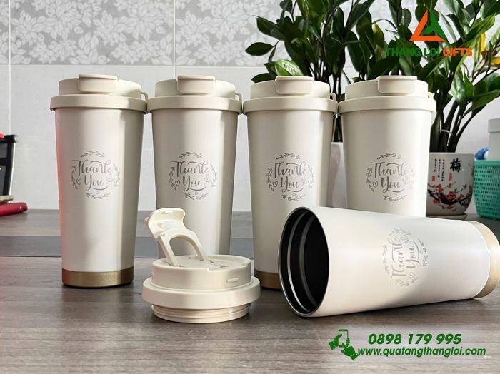 Ly Giữ Nhiệt 530ml Màu Trắng Kem - Khắc Logo Tri Ân Và Cảm Ơn Khách Hàng