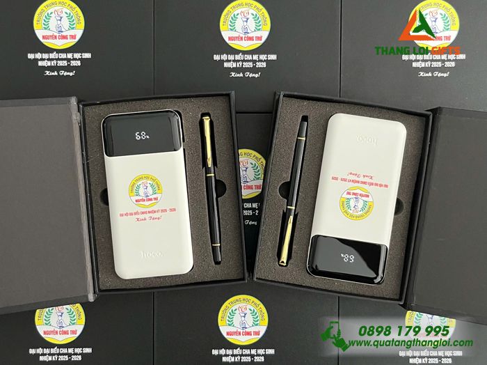 Pin Sạc Dự Phòng Hoco Màu Trắng 10.000mAh - In Logo Trường THPT Nguyễn Công Trứ