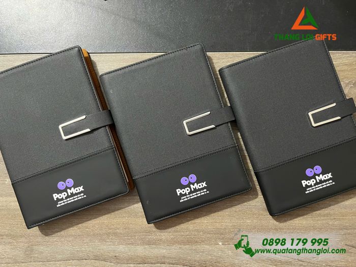Sổ Tay Bìa Còng Màu Đen - In Logo Pop Max