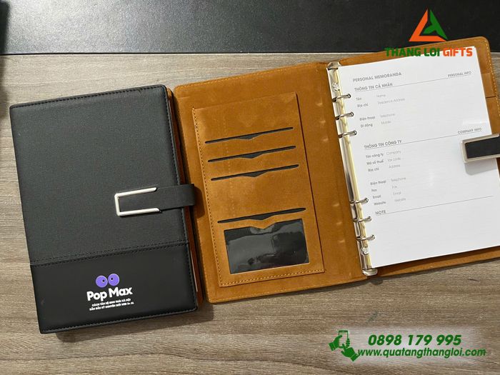 Sổ Tay Bìa Còng Màu Đen - In Logo Pop Max