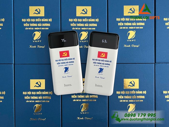 Pin Sạc Dự Phòng Hoco 10.000mAh Màu Trắng - In Logo Đại Hội Đảng Bộ Viễn Thông Hải Dương VNPT
