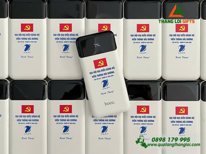 Pin Sạc Dự Phòng Hoco 10.000mAh Màu Trắng - In Logo Đại Hội Đảng Bộ Viễn Thông Hải Dương VNPT