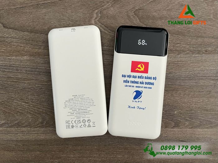 Pin Sạc Dự Phòng Hoco 10.000mAh Màu Trắng - In Logo Đại Hội Đảng Bộ Viễn Thông Hải Dương VNPT
