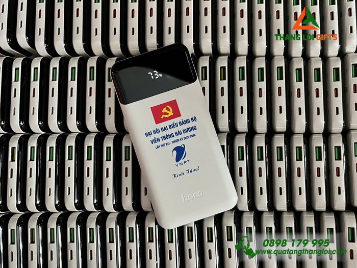 Pin Sạc Dự Phòng Hoco 10.000mAh Màu Trắng - In Logo Đại Hội Đảng Bộ Viễn Thông Hải Dương VNPT