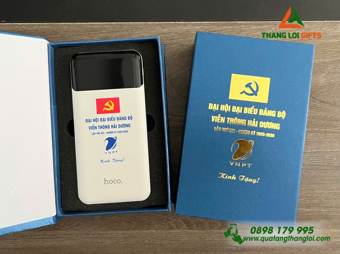 Pin Sạc Dự Phòng Hoco 10.000mAh Màu Trắng - In Logo Đại Hội Đảng Bộ Viễn Thông Hải Dương VNPT