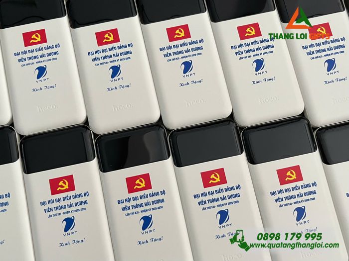 Pin Sạc Dự Phòng Hoco 10.000mAh Màu Trắng - In Logo Đại Hội Đảng Bộ Viễn Thông Hải Dương VNPT
