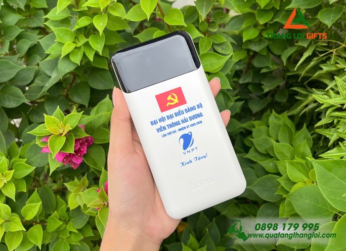 Pin Sạc Dự Phòng Hoco 10.000mAh Màu Trắng - In Logo Đại Hội Đảng Bộ Viễn Thông Hải Dương VNPT