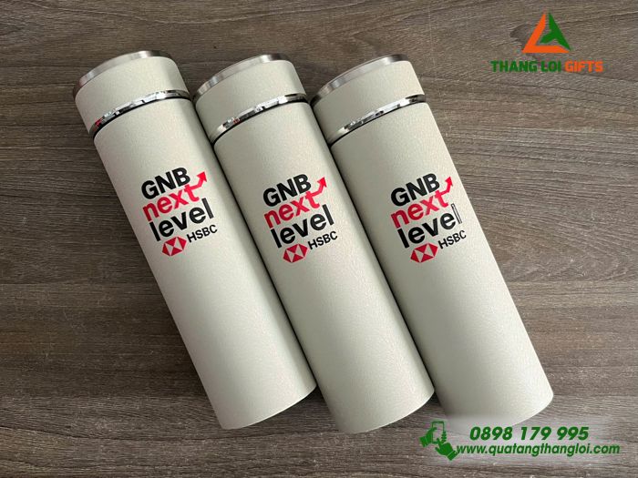 Bình Giữ Nhiệt Sơn Nhám Màu Trắng Kem - In Logo Ngân Hàng HSBC
