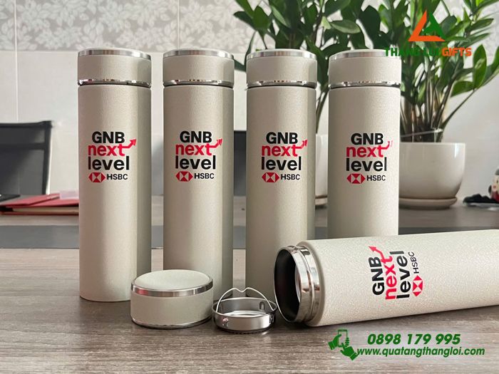 Bình Giữ Nhiệt Sơn Nhám Màu Trắng Kem - In Logo Ngân Hàng HSBC