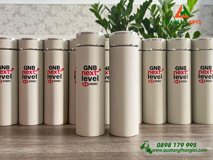 Bình Giữ Nhiệt Sơn Nhám Màu Trắng Kem - In Logo Ngân Hàng HSBC