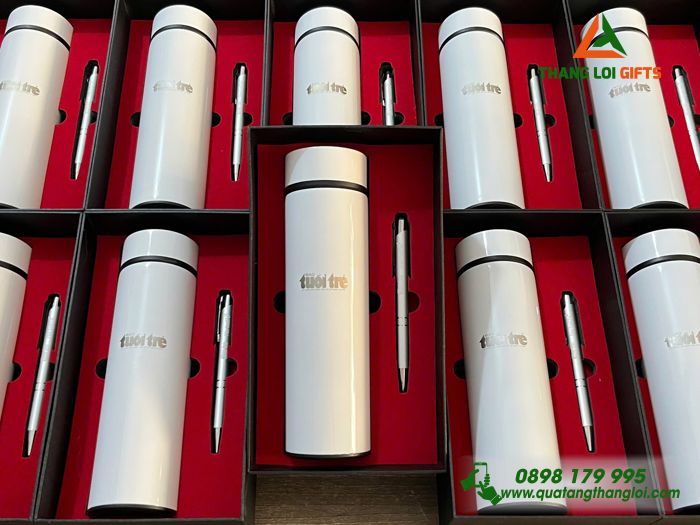 Combo Quà Tặng (Bình & Bút) Màu Trắng - In Khắc Logo Báo Tuổi Trẻ