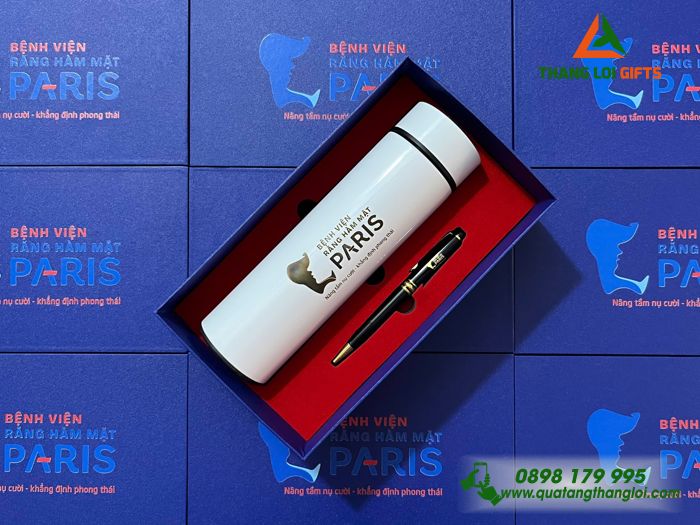 Bộ Quà Tặng (Bình & Bút) - In Khắc Logo Bệnh Viện Răng Hàm Mặt Paris 
