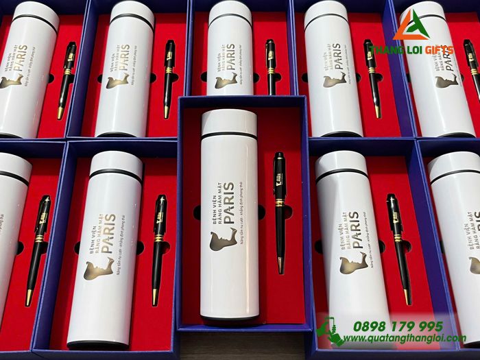 Bộ Quà Tặng (Bình & Bút) - In Khắc Logo Bệnh Viện Răng Hàm Mặt Paris 