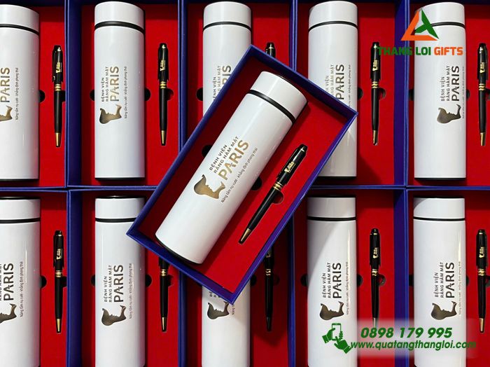 Bộ Quà Tặng (Bình & Bút) - In Khắc Logo Bệnh Viện Răng Hàm Mặt Paris 