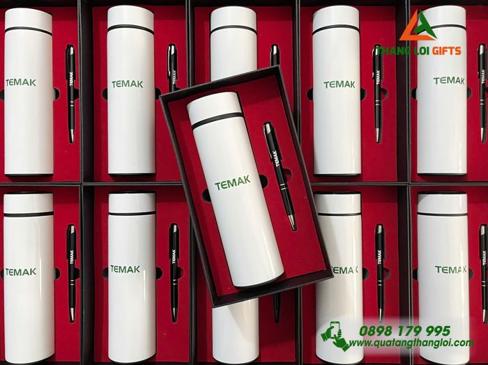 Bộ Quà Tặng (Bình Giữ Nhiệt & Bút Bi) - In Khắc Logo Doanh Nghiệp TEMAK