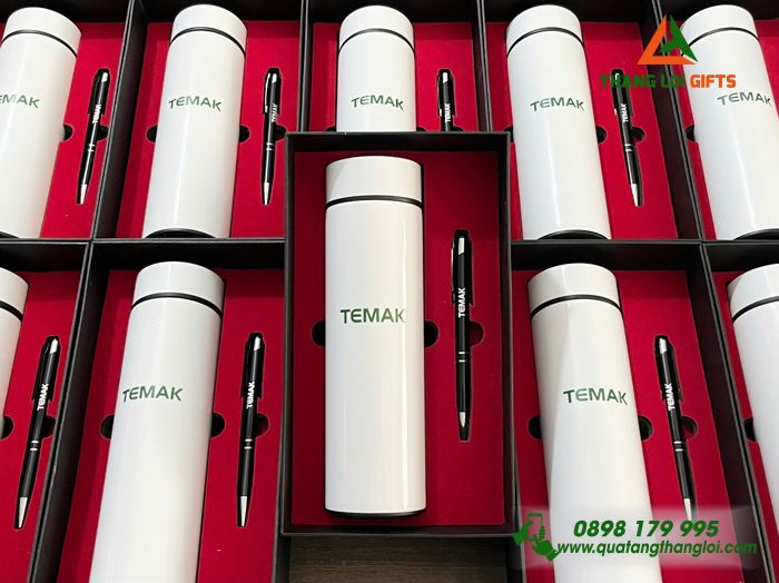 Bộ Quà Tặng (Bình Giữ Nhiệt & Bút Bi) - In Khắc Logo Doanh Nghiệp TEMAK