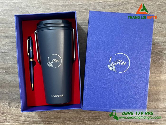 Bộ Quà Tặng (Ly Lock & Bút Ký) Màu Xanh - In Khắc Tên Làm Quà Tặng Nhân Viên