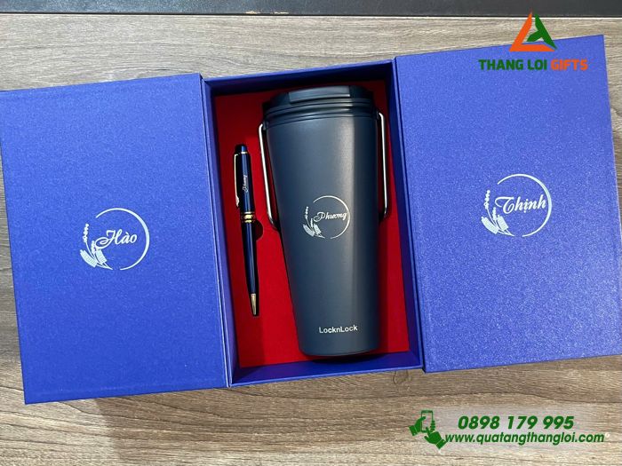Bộ Quà Tặng (Ly Lock & Bút Ký) Màu Xanh - In Khắc Tên Làm Quà Tặng Nhân Viên
