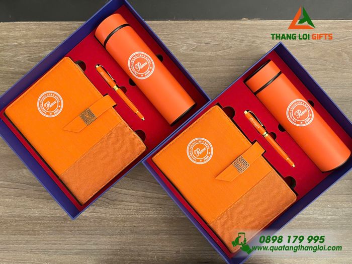 Set Quà Tặng (Sổ+ Bình+ Bút) Màu Cam - In Khắc Logo Trường Trung Cấp Y Khoa Pasteur