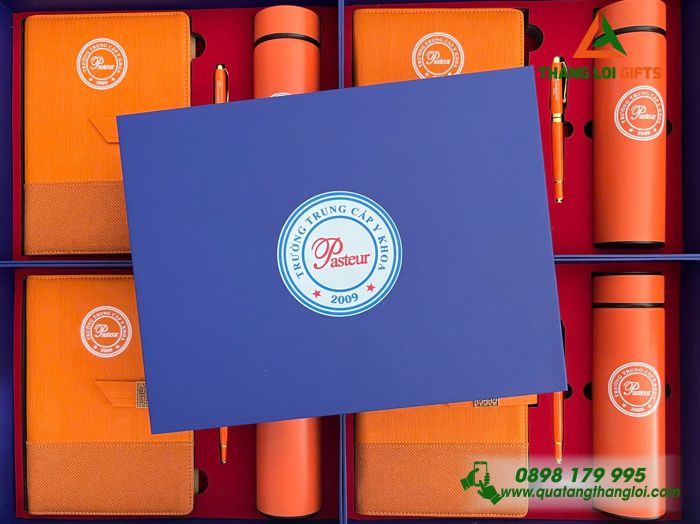 Set Quà Tặng (Sổ+ Bình+ Bút) Màu Cam - In Khắc Logo Trường Trung Cấp Y Khoa Pasteur