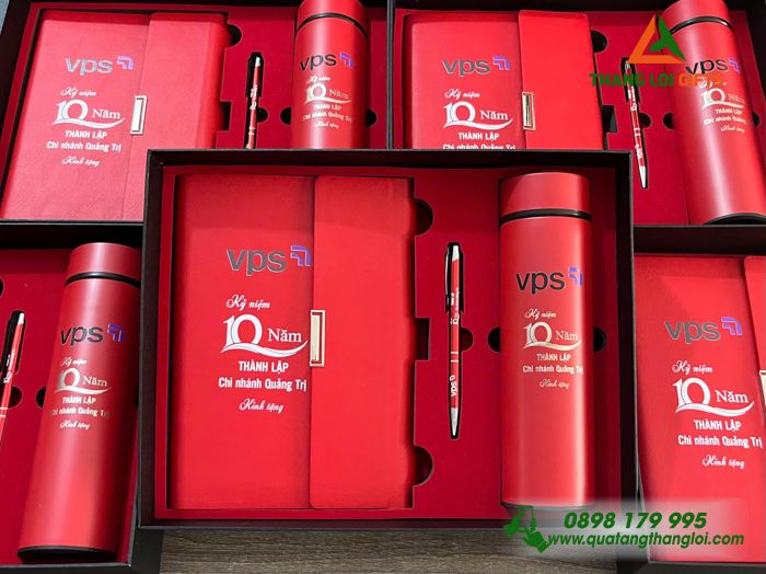 Set Quà Tặng (Sổ+ Bình+ Bút) Màu Đỏ - In Khắc Logo Kỷ Niệm 10 Năm Thành Lập Doanh Nghiệp VPS