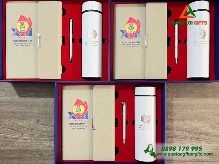 Set Quà Tặng (Sổ+ Bình+ Bút) Màu Trắng Kem - In Khắc Logo Đại Hội Công Đoàn Công Ty Vạn Phước Việt Nam